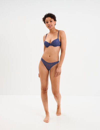 Tanga en dentelle doublure coton bleu gris femme