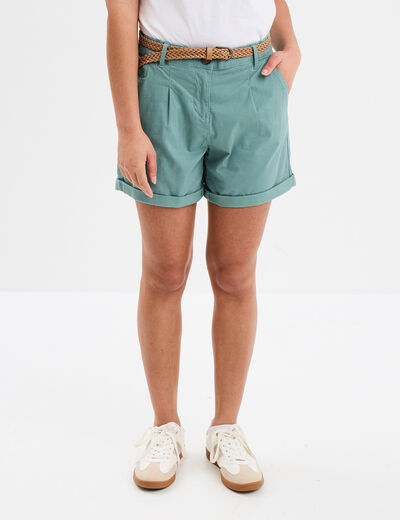 Short chino ceinture tressée bleu gris femme