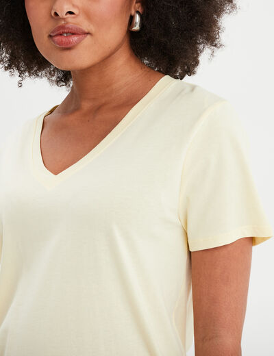 T-shirt manches courtes col en V coton jaune clair femme