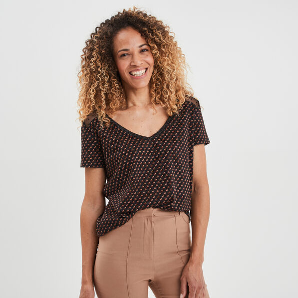 t shirt manches courtes a col en v noir femme T-shirt manches courtes à col en V noir femme