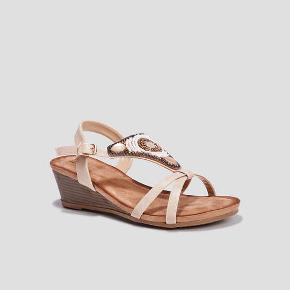 Sandales compensées bijoux et perles sable femme