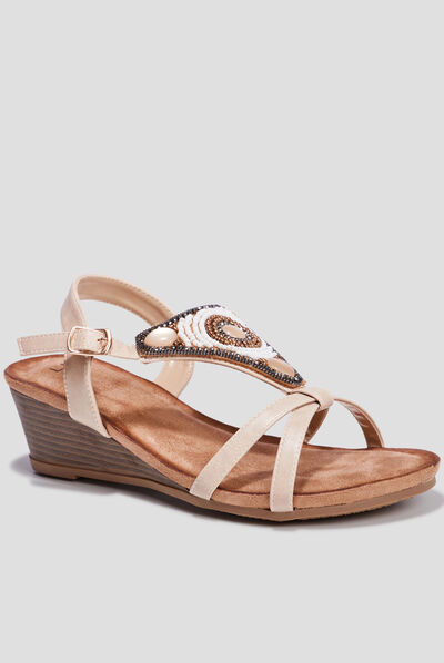 Sandales compensées bijoux et perles sable femme