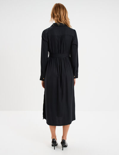 Robe chemise longue ceintur&eacute;e noir femme