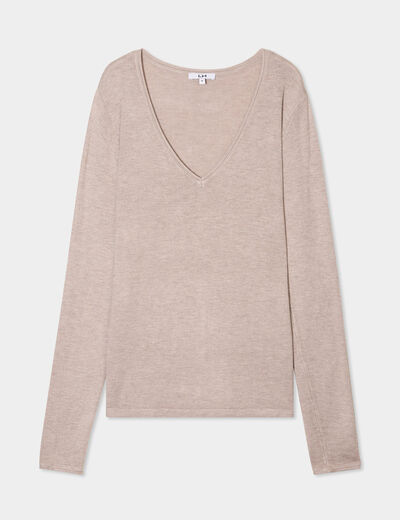 Pull ajusté avec col en V beige femme