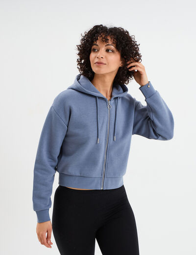 Sweat zippé à capuche court bleu gris femme