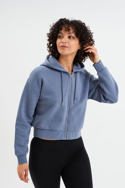 Sweat zipp&eacute; &agrave; capuche court bleu gris femme