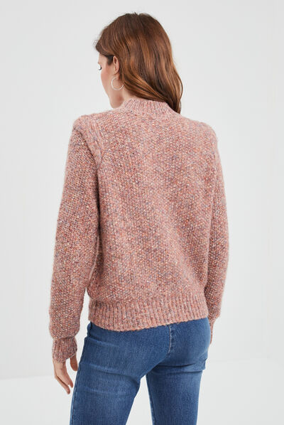 Pull détails torsades col montant rose clair femme