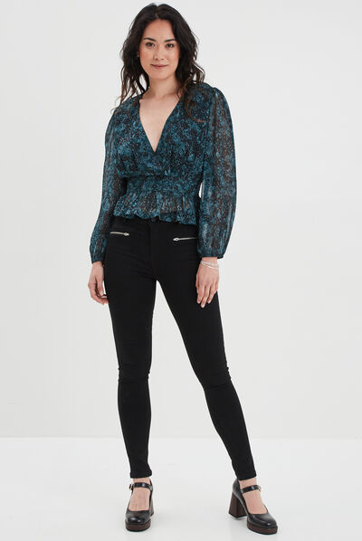 Blouse cintrée col effet croisé Liberto bleu canard femme