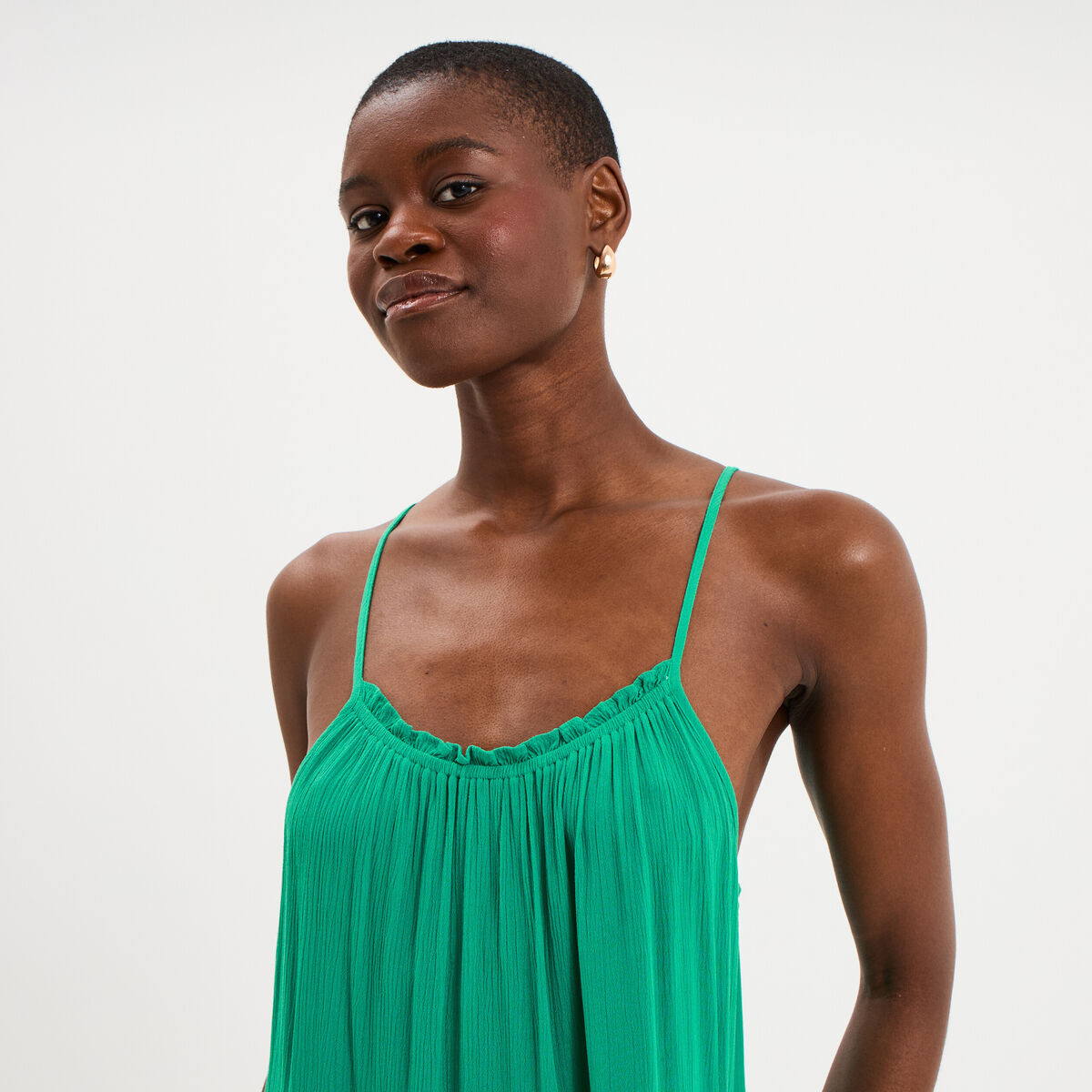 Robe fluide &agrave; volants fines bretelles vert canard femme