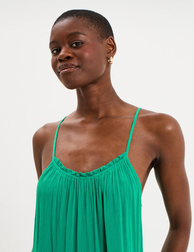 Robe fluide &agrave; volants fines bretelles vert canard femme