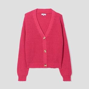 Gilet col en V avec 3 boutons rose framboise femme