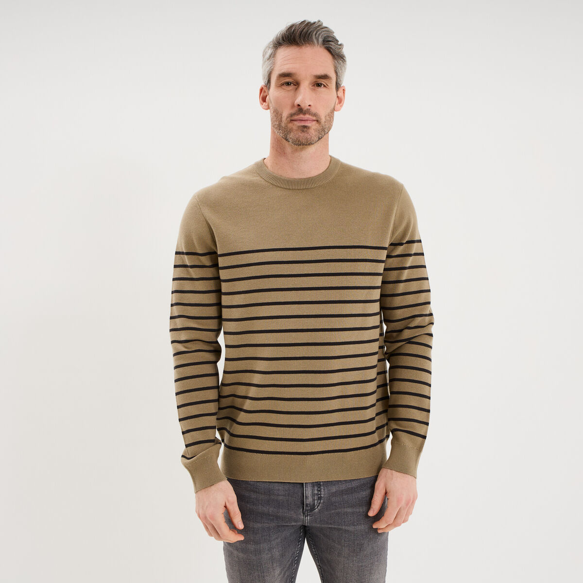 Pull col rond manches longues taupe homme
