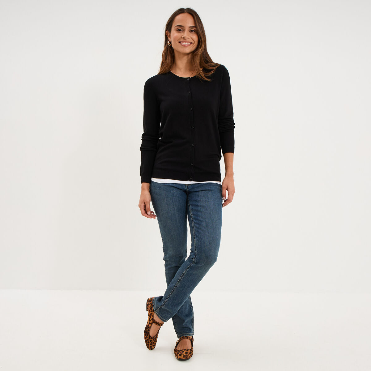 Gilet col rond manches longues noir femme