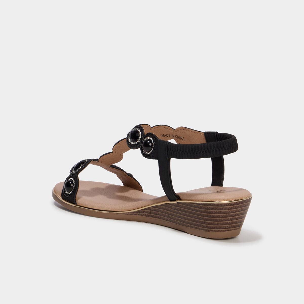 Sandales compens&eacute;es d&eacute;tails bijoux noir femme