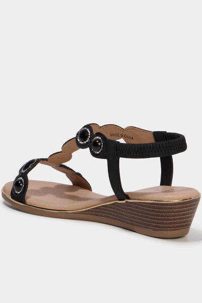 Sandales compens&eacute;es d&eacute;tails bijoux noir femme