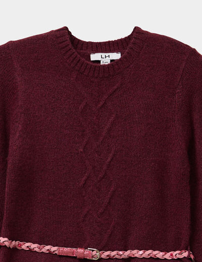 Robe pull courte avec ceinture tress&eacute;e bordeaux fille