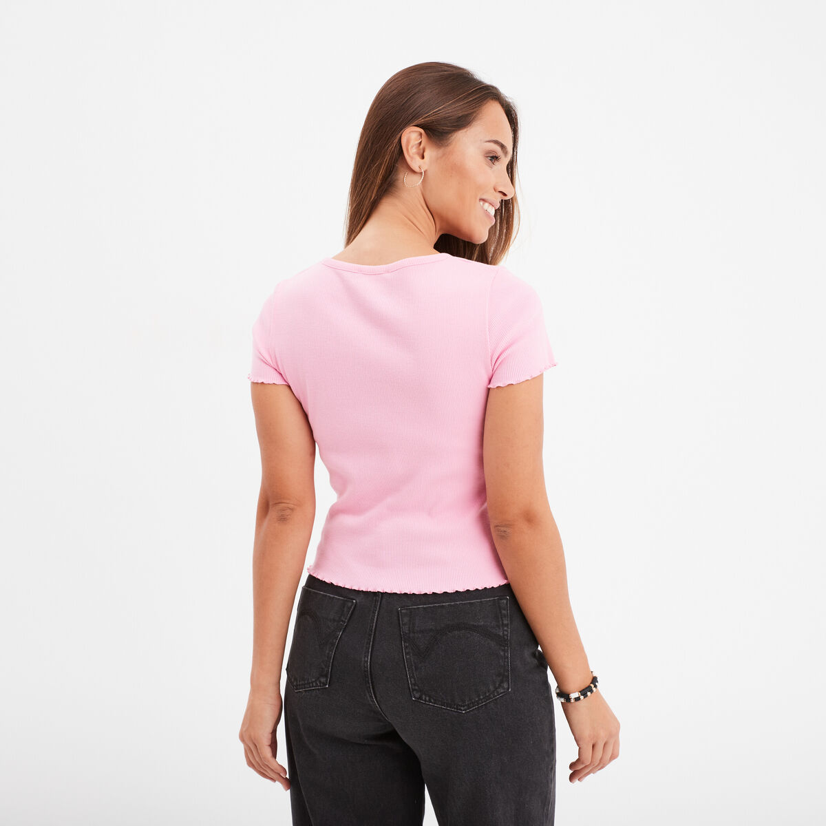 T-shirt court effet côtelé col en V rose femme