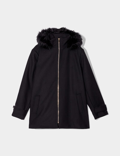 Manteau à capuche imitation fourrure noir femme grande taille