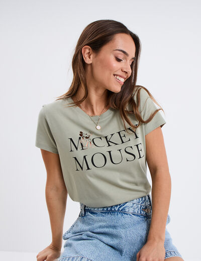 T-shirt manches courtes Mickey Mouse vert kaki femme