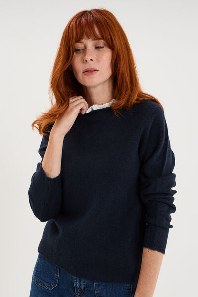 Pull 2 en 1 col rond broderie anglaise bleu fonc&eacute; femme