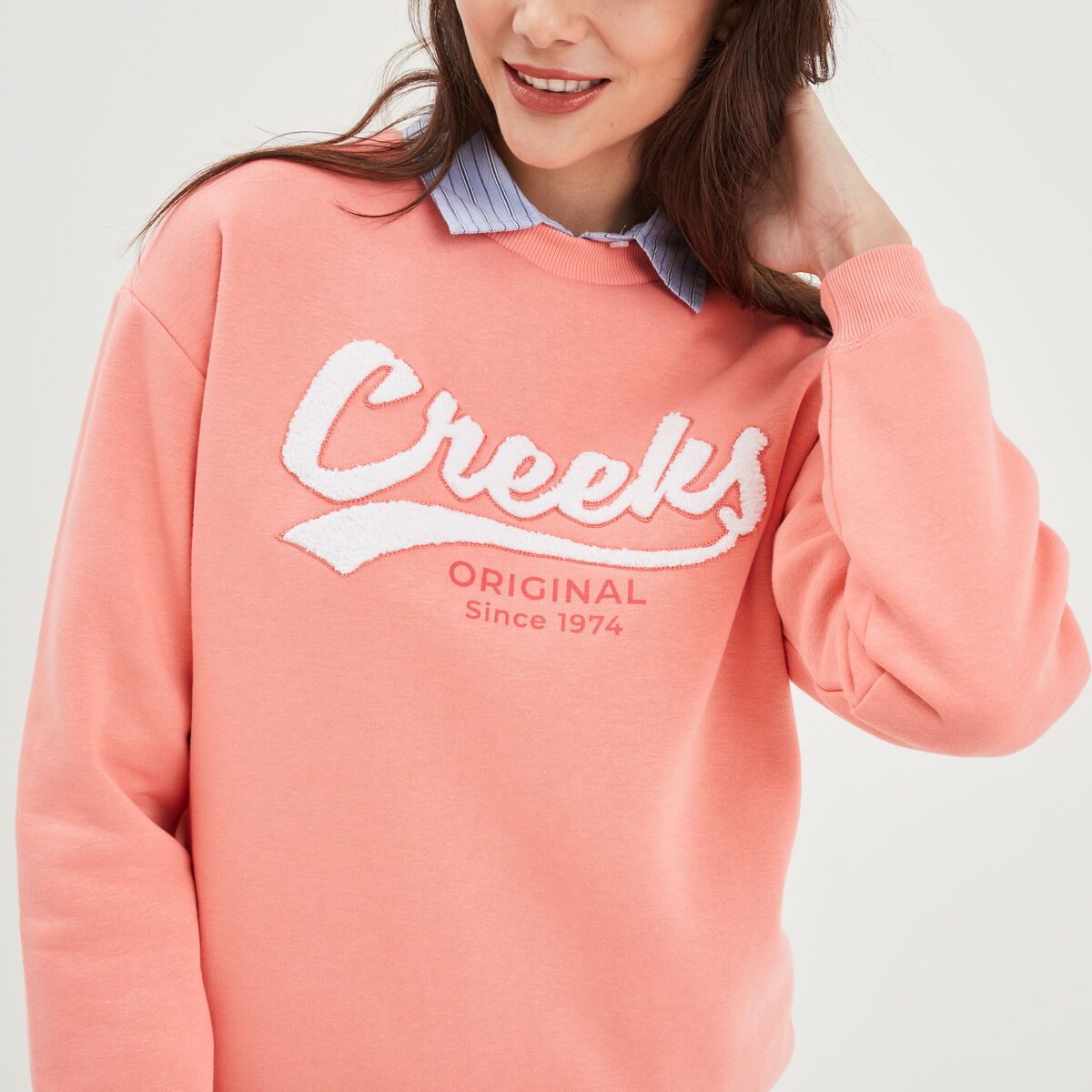 Sweat col rond manches longues Creeks rose saumon femme