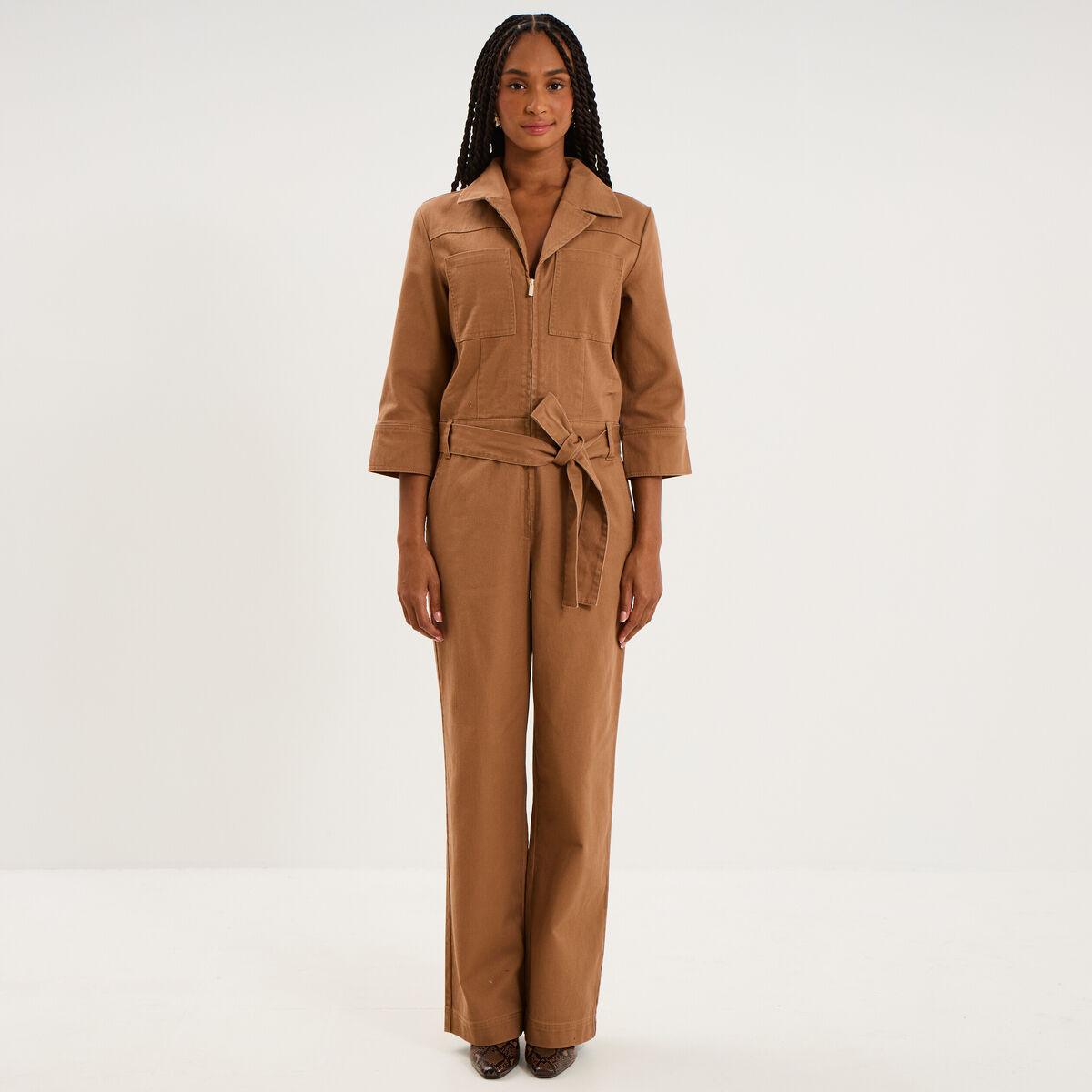 Combinaison pantalon zipp&eacute;e jambe large marron clair femme
