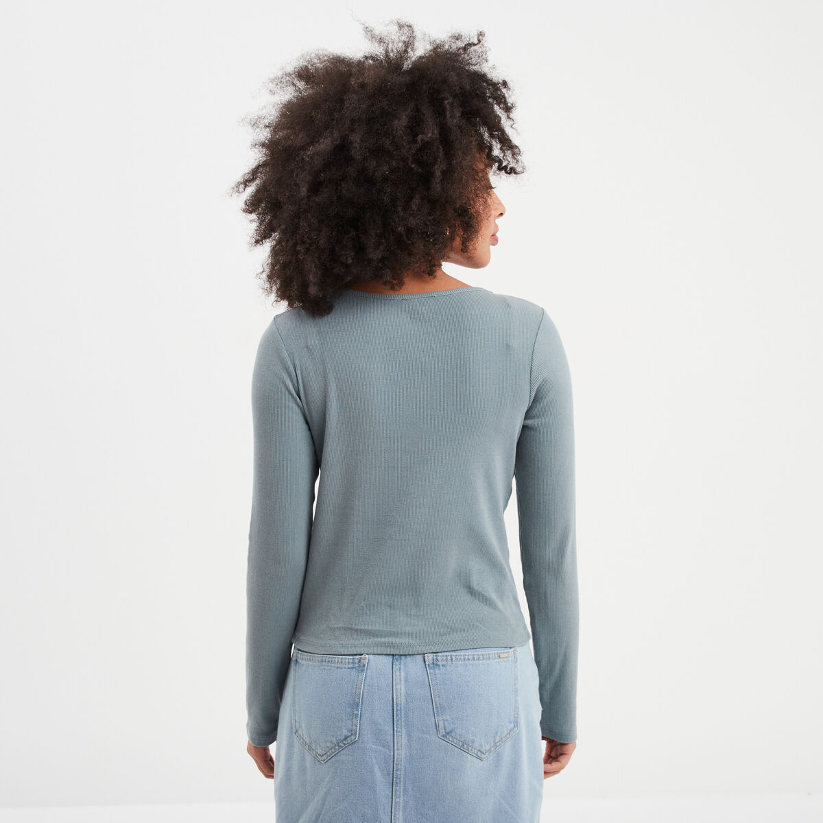 T-shirt col rond manches longues coton gris femme