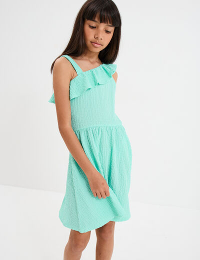 Robe courte col asymétrique à volants bleu turquoise fille