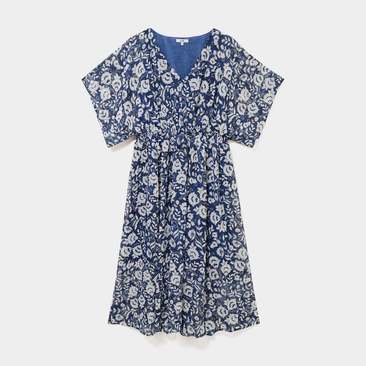 Robe longue taille smock&eacute;e bleu marine femme grande taille