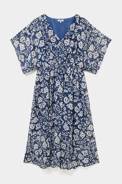 Robe longue taille smock&eacute;e bleu marine femme grande taille