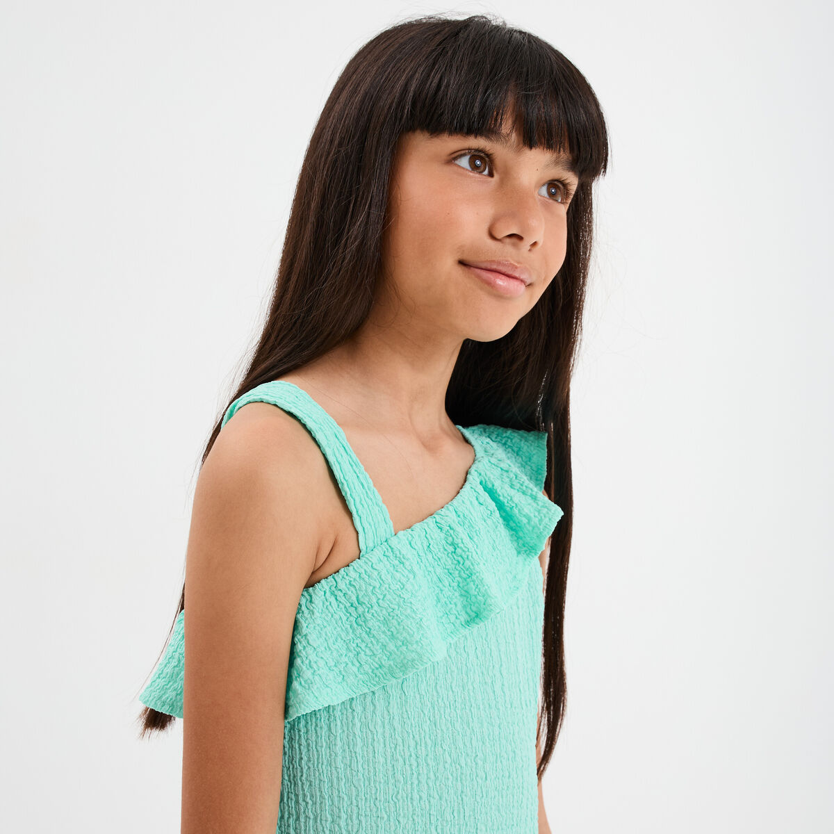 Robe courte col asymétrique à volants bleu turquoise fille