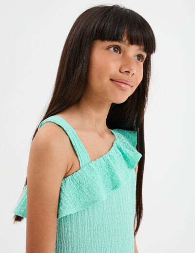 Robe courte col asymétrique à volants bleu turquoise fille
