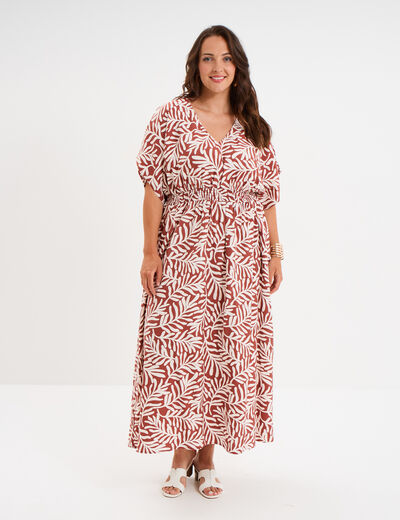 Robe longue fluide manches 3/4 terracotta femme grande taille