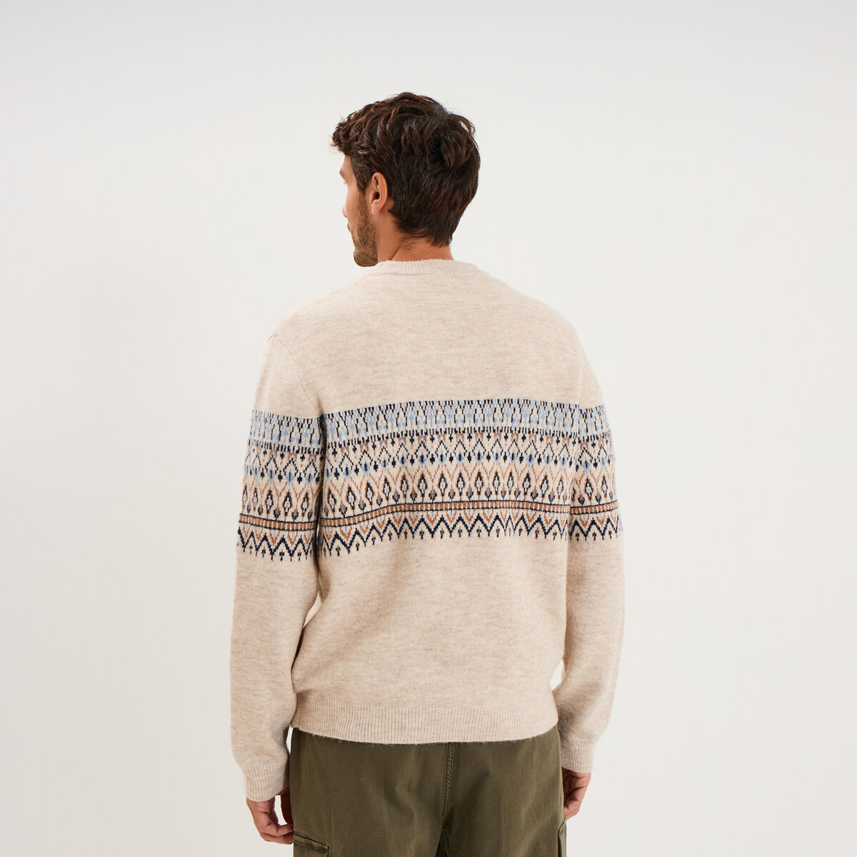 Pull jacquard col rond manches longues ecru homme