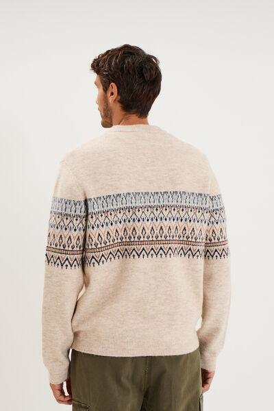 Pull jacquard col rond manches longues ecru homme