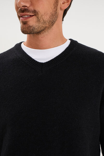 Pull droit col en V manches longues noir homme