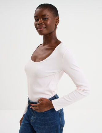 T-shirt coton stretch manches longues rose clair femme
