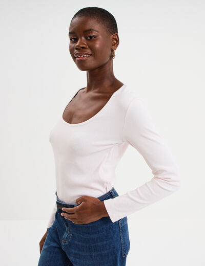 T-shirt coton stretch manches longues rose clair femme