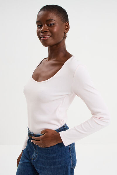 T-shirt coton stretch manches longues rose clair femme