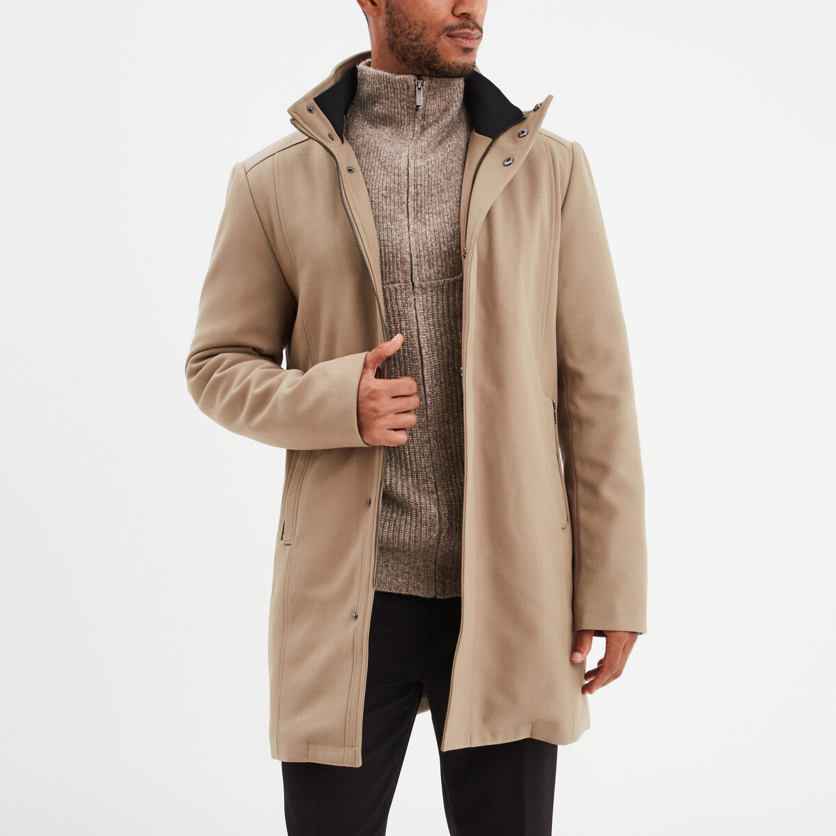 Manteau mi-long col montant taupe homme