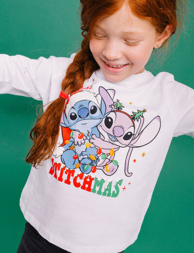T-shirt manches longues No&euml;l Stitch blanc fille