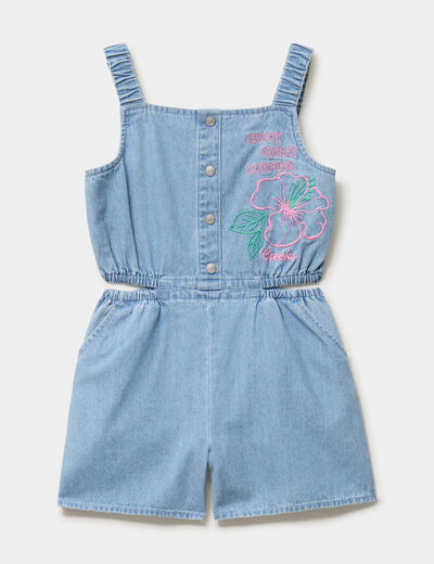 Combishort en jean brod&eacute;e &agrave; bretelles denim triple stone fille