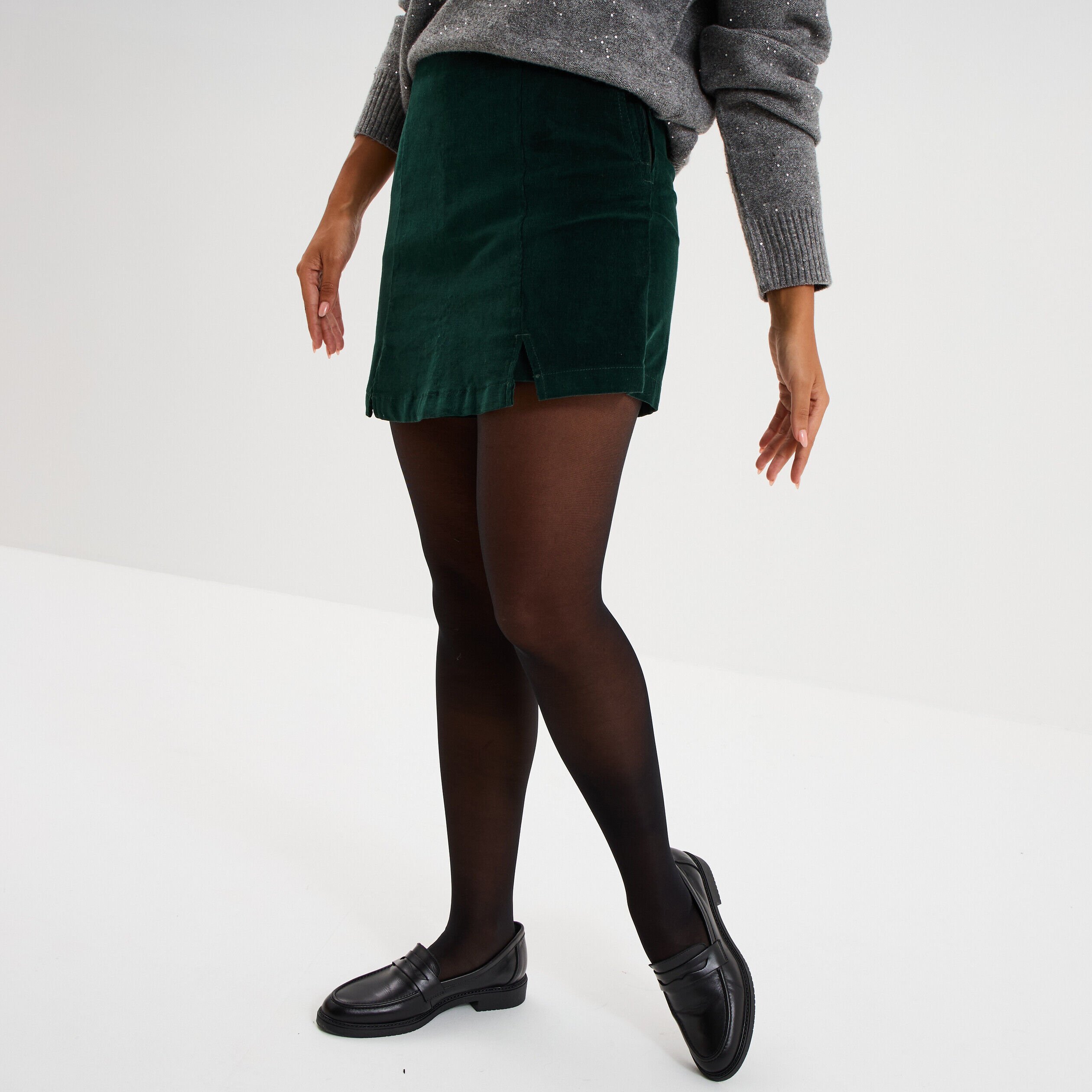 Jupe-short effet velours côtelé vert foncé femme LH