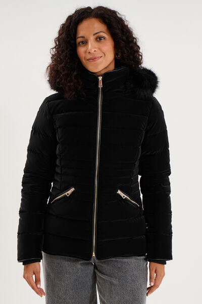 Doudoune courte capuche fausse fourrure noir femme