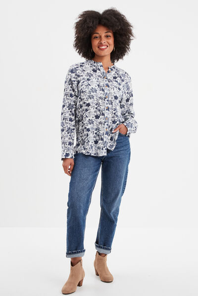 Chemise manches longues col mao ecru femme