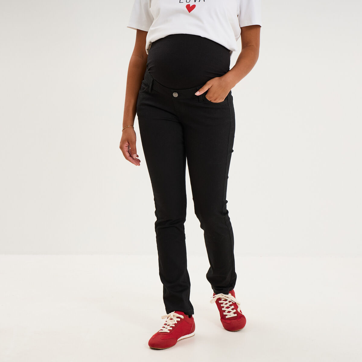 Pantalon slim grossesse avec bandeau noir femme maternit&eacute;