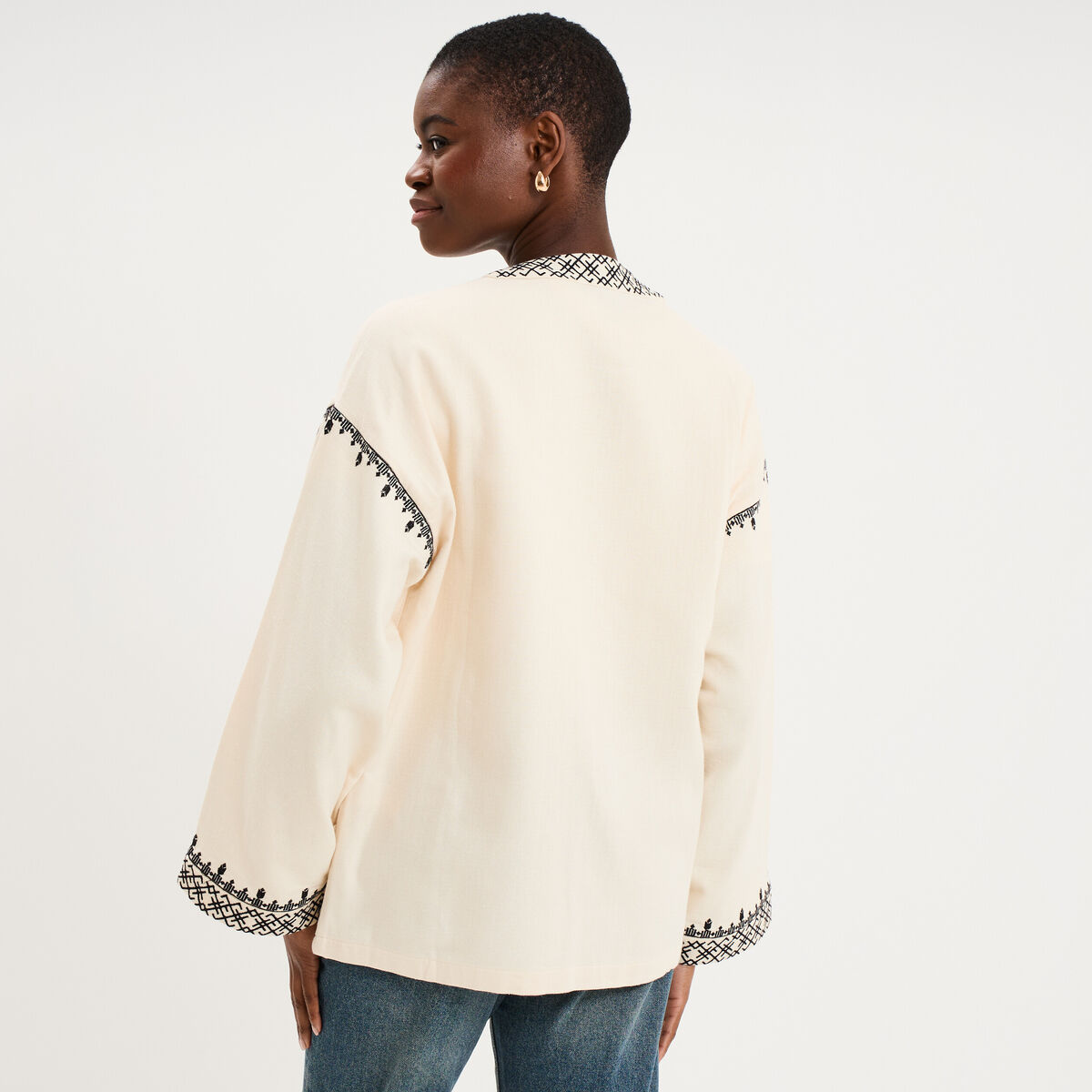 Veste esprit kimono brod&eacute;e coton ivoire femme