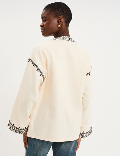 Veste esprit kimono brod&eacute;e coton ivoire femme