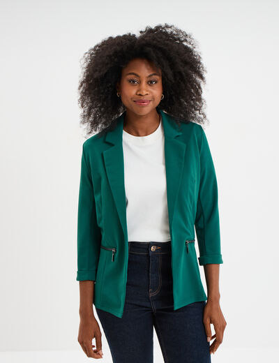 Veste blazer cintré manches 3/4 vert foncé femme