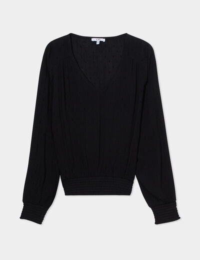 Blouse col en V taille smockée noir femme